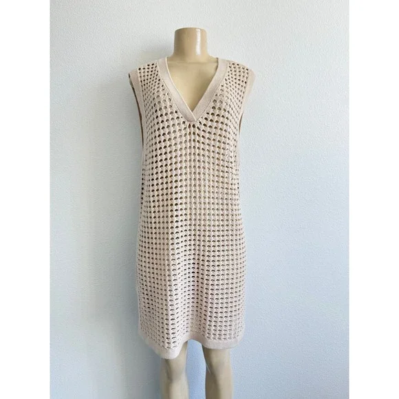 Lands' End Boho Beige Crochet Open Knit V-Neck Sweater Tunic S Coastal Chic Airy - Picture 3 of 9